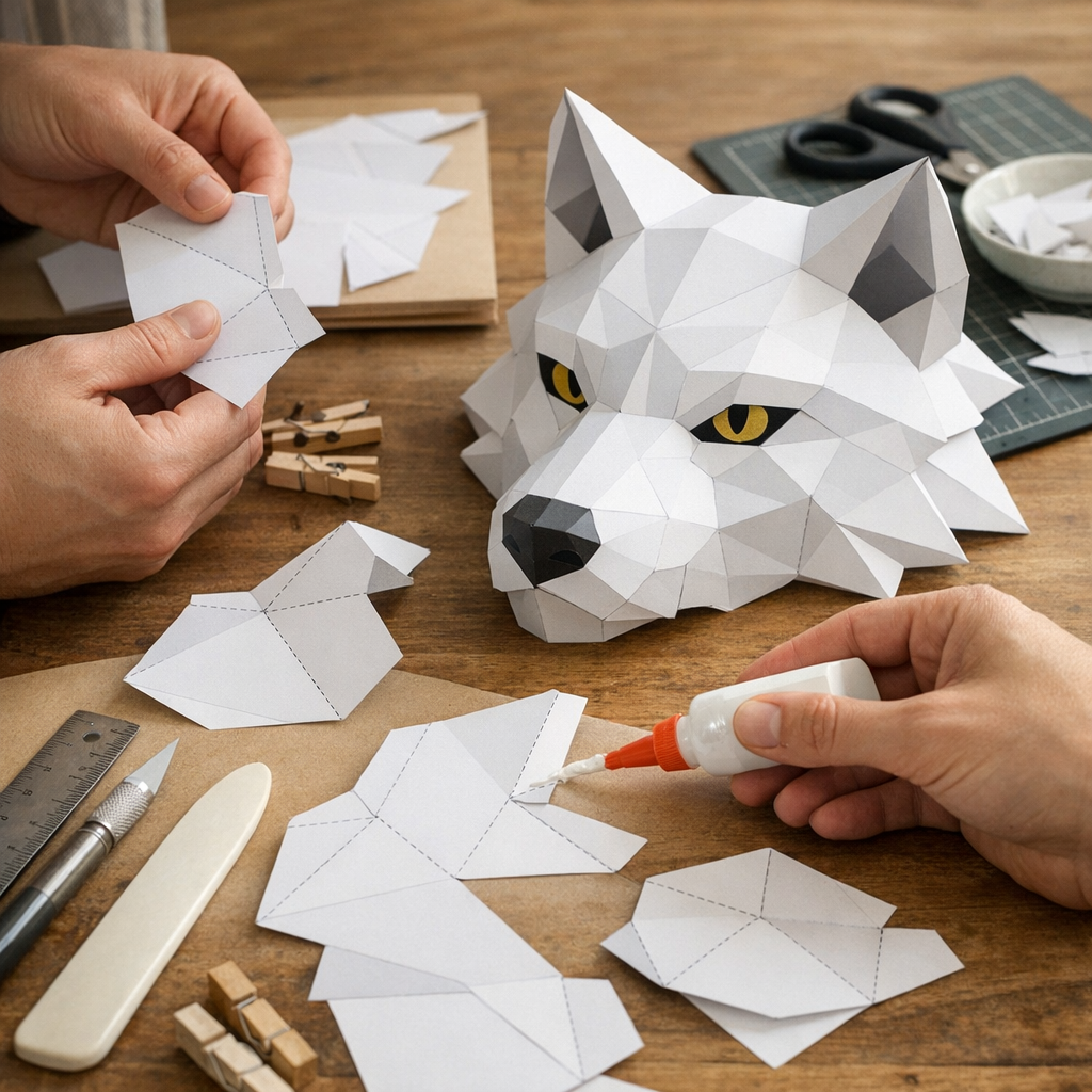 Comment plier, rainurer et coller un loup papercraft sans erreur